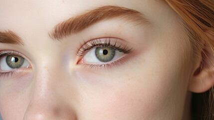Fototapeta premium Green woman eye close-up. Eyebrow and eyelash beauty treatments. Natural makeup