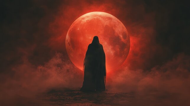 Hooded figure, crimson moon, night, fog, fantasy, horror, artwork, mysterious, game design