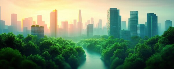 Obraz premium A panoramic view of a city skyline merging with lush greenery.