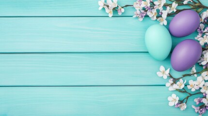 Easter Eggs and Blossoms on Light Blue Wooden Surface Festive Spring Holiday Decoration.