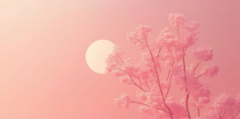 Pink blossoms in the foreground are silhouetted against the sun