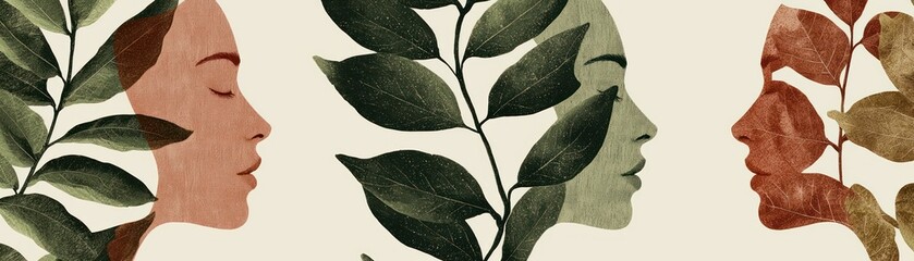 Obraz premium Women faces with leaves, serene and natural background. Stock photo