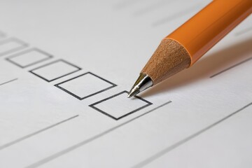Pencil Marking Checklist: Close-up shot of a pencil marking a checkbox on a checklist, symbolizing task completion, planning, organization, and efficiency.