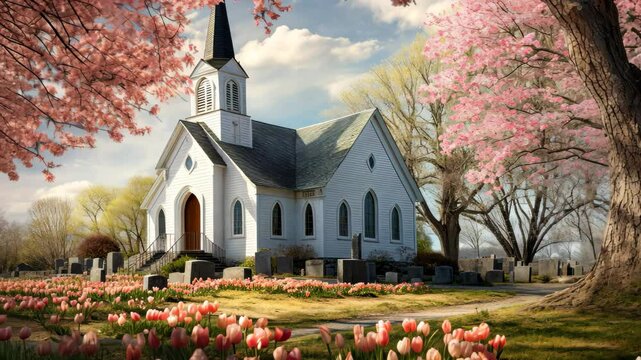 A peaceful church setting adorned with blooming tulips and cherry blossoms on a tranquil Easter Sunday morning, inviting reflection and celebration of the holiday