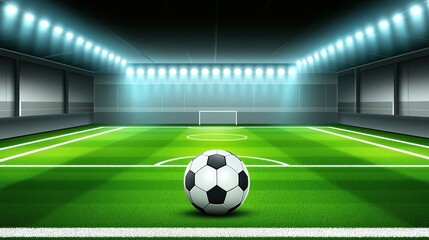Obraz premium Soccer stadium interior, illuminated pitch, photorealistic rendering, use for sports background