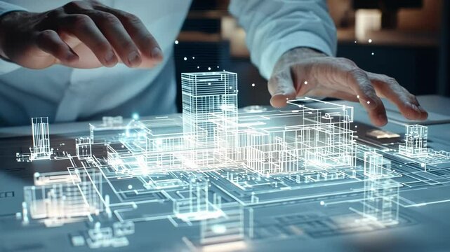 Architect manipulating a glowing 3d building model through augmented reality, visualizing innovative design processes in a futuristic architectural setting