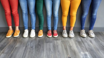 Colorful jeans and sneakers lined up against wall.  Possible use Fashion, lifestyle, or advertising