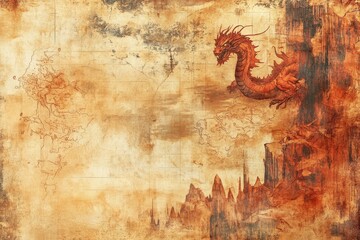 Illustration of a dragon overlooking a fantasy map and mountains