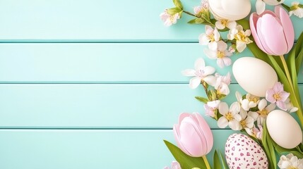 Easter Eggs and Pink Tulips on Light Blue Wooden Surface Festive Spring Holiday Decoration.