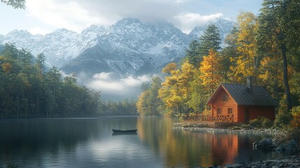 Autumn lake cabin, mountain backdrop, peaceful sunrise, travel poster