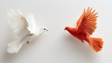 Fototapeta premium Two beautiful birds in flight, one white and one red, gracefully soaring.