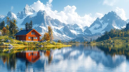 Fototapeta premium Mountain lake cabin autumn reflection postcard