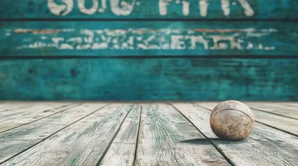 Baseball on weathered wooden floor, teal background. Possible stock photo