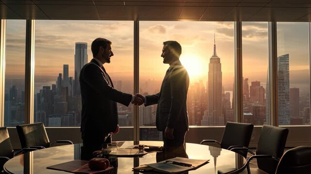 Two business partners shaking hands in a modern office during sunset with a view of the New York City skyline, marking a successful collaboration in a professional setting