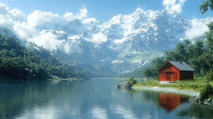 Fototapeta premium Red cabin lake mountain scenic postcard