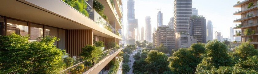 Modern urban architecture with greenery and city skyline view.