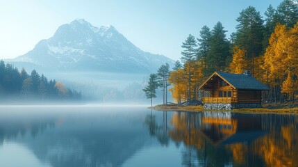 Obraz premium Misty mountain lake cabin autumn sunrise