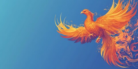 Majestic phoenix soars against a vibrant blue backdrop dramatically