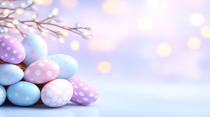 Obraz premium Easter Eggs Basket with Festive Branch and Bokeh Lights on a Pastel Background.