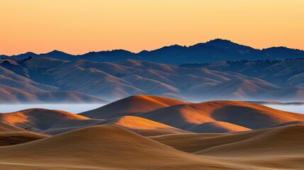 Naklejka premium Golden dunes at sunset desert landscape photography tranquil setting wide angle view nature's serenity