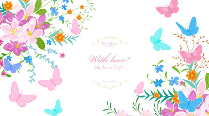 greeting card with colorful wildflowers and butterflies. mother day with love