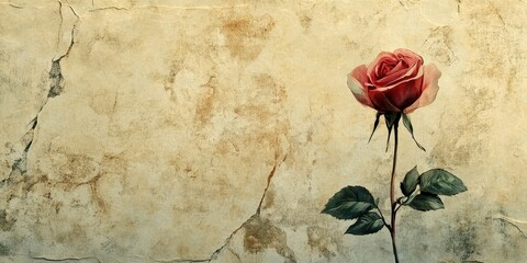 A single pink rose stands out against a cracked wall