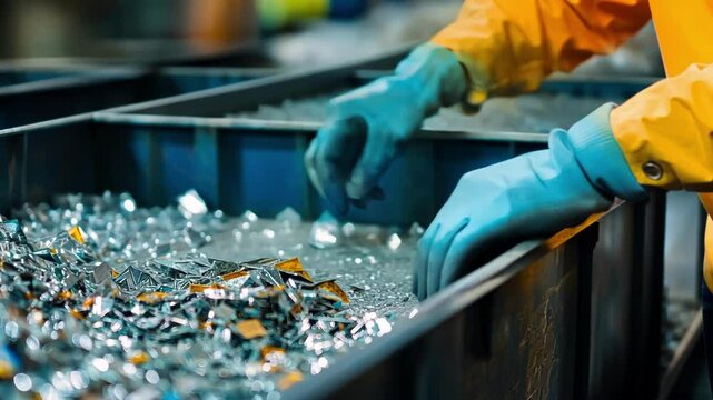Industrial worker wearing gloves sorting metal scraps for recycling inside a metal container in a waste processing plant, promoting environmental sustainability and circular economy