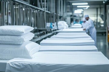 Close-up view of white pillows on a mechanized conveyor belt system within a large, modern laundry or textile processing facility.