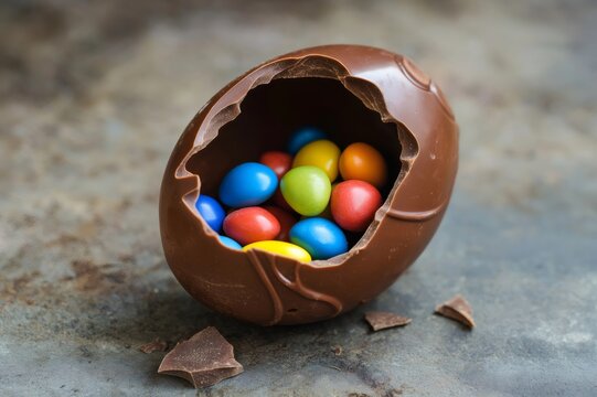 Chocolate Easter egg cracked open to reveal vibrant, colorful candies inside, resting on a textured surface with broken chocolate pieces nearby
