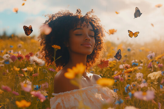 A field of wildflowers in full bloom, with butterflies fluttering in the air