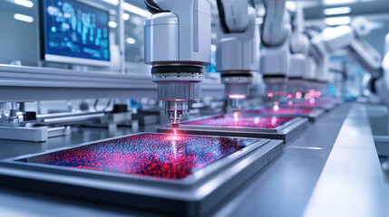 Miniaturized quantum processor chip glowing in a futuristic workspace with robotic arms assembling complex quantum circuits