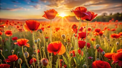 Obraz premium golden hour, sunflower field, sunny meadow, poppy field, flower field, wild flowers, ray of light, poppy, field, flower, red, nature, summer, spring, meadow, poppies, flowers, plant, beauty, garden, b