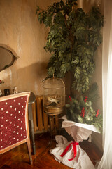 There is a picture with a white parrot hanging in the room