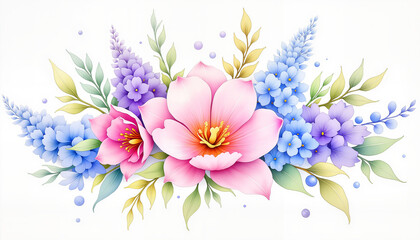 Fototapeta premium Soft pastel watercolor bouquet of tulips and lilacs, romantic decor