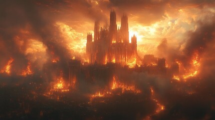 Fototapeta premium flaming dark fantasy castle with obsidian towers surrounded by lava and demonic gargoyles ominously glowing in the night sky