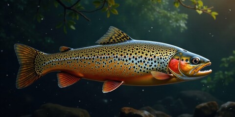 Fototapeta premium A Vivid Depiction of a Brown Trout in its Aquatic Habitat, showcasing intricate details of its scales, fins, and the surrounding underwater environment.