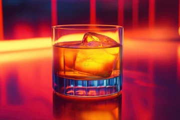 A whiskey sour in an old-fashioned glass, with a glowing amber hue under warm neon orange and red lighting