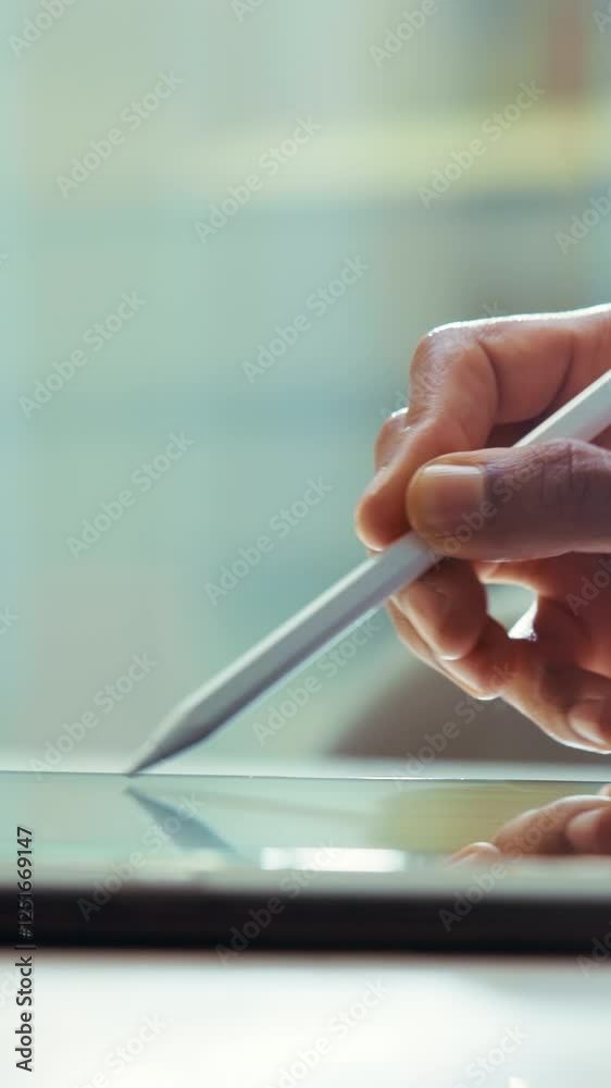 Poster pen, tablet and hands of employee for website review, research and online project in office. corpora