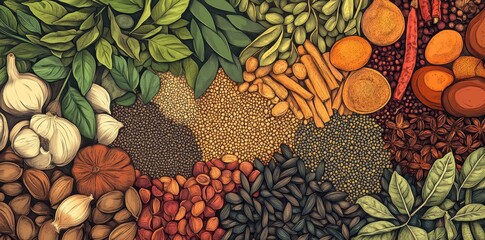 Fototapeta premium Various herbs spices and seeds artfully arranged create colorful scene
