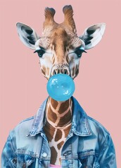 A stylish giraffe blows a bubble of blue gum against a pink background.  The giraffe wears a denim jacket.
