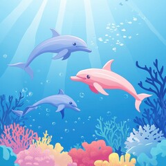 Three dolphins swim among coral in clear blue water