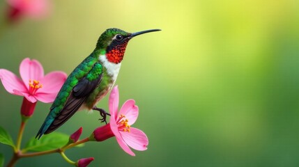 Fototapeta premium Vibrant Hummingbird Perched Gracefully on Delicate Pink Blossoms in a Lush Green Garden Setting