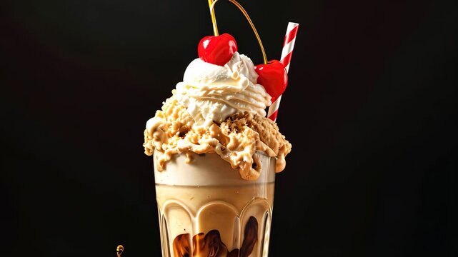 Enjoying a delicious ice cream float topped with whipped cream, vibrant cherries, and a colorful straw on a dark background, perfect for a summer treat or party dessert