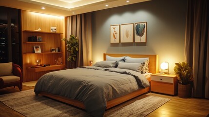 Modern bedroom interior at night, warm lighting, artwork, city view in background.  Use Interior design inspiration