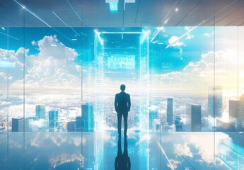 Businessman Facing Futuristic Digital Portal Overlooking Cityscape