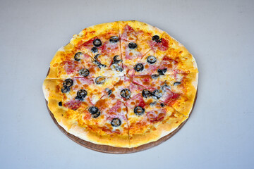 Traditional Turkish cuisine. Pizza, pita, pidesi, sucuk, hummus, kebab. Many dishes on the table. Serving dishes in restaurant. Margherita,  mix, formaggi, veggie karisik pizza. Top view, flat lay