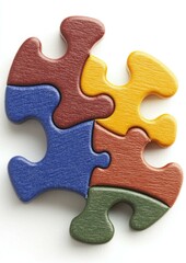 Fototapeta premium Four Interlocking Wooden Puzzle Pieces in Red, Yellow, Blue, and Green on White Background
