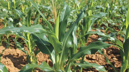 Obraz premium Close-up of vibrant green corn stalks bathed in warm sunlight, with delicate leaves stretching upward, showcasing the early growth stage of a healthy maize field