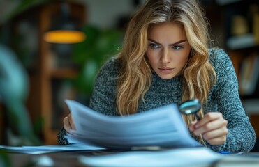 Focused African American Businesswoman Examines Documents with Magnifying Glass in Minimalistic Office