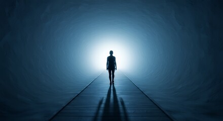 Person Walking Toward Light at End of Tunnel Hope Concept
